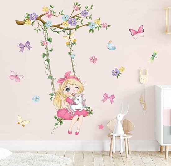 Fille sur balançoire stickers muraux papillon fleur branche peler et coller  mur art
