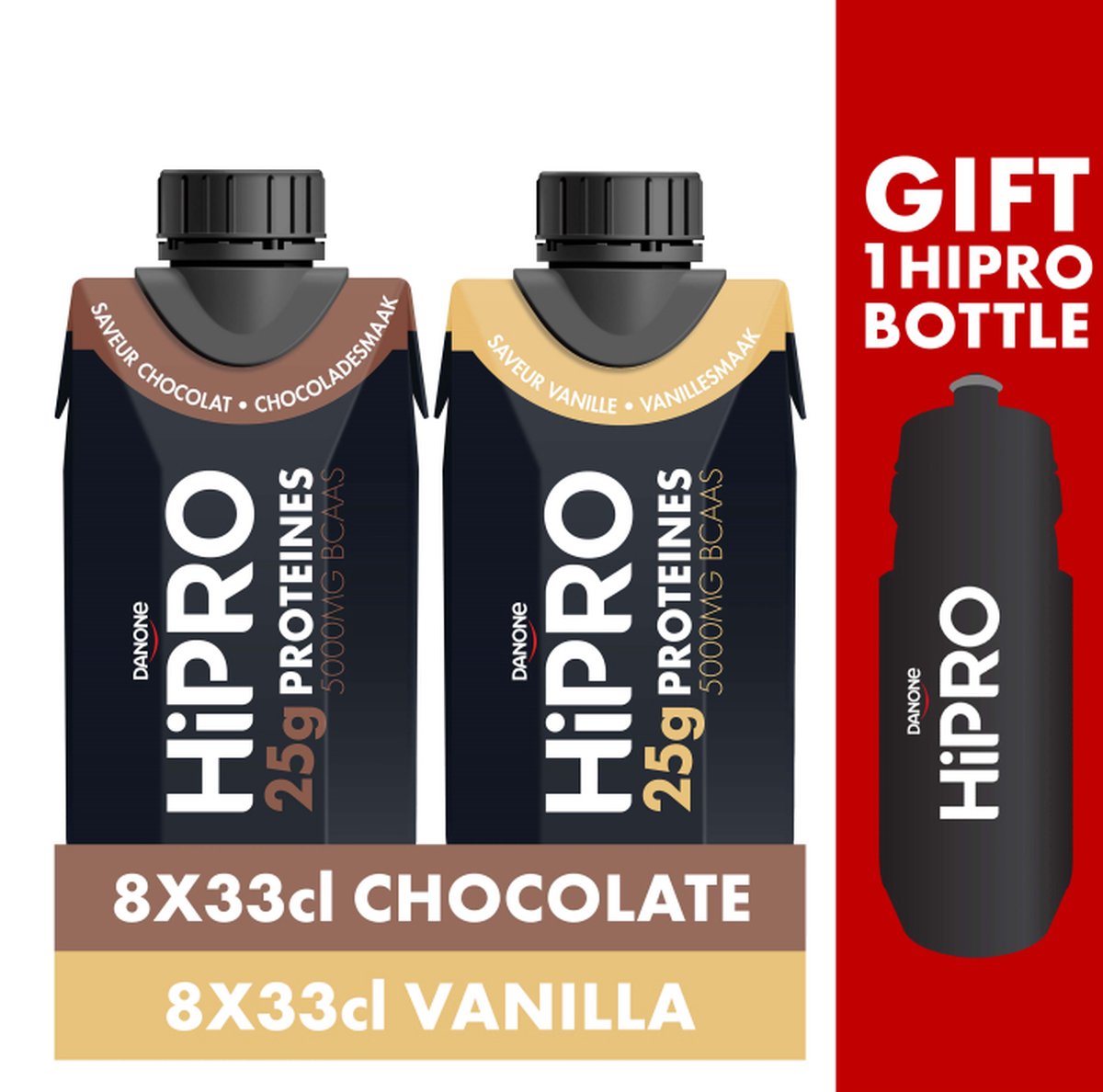 Danone - HiPRO Proteïne drank - Eiwitshake - Lactosevrij - 0% Vet - 8 x 33 cl Chocolade + 8 x 33 cl Vanille + Drinkfles Gratis - Voordeelverpakking
