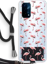 Case Company® - Hoesje met koord geschikt voor Oppo A74 5G hoesje met Koord - Flamingo - Telefoonhoesje met Zwart Koord - Bescherming aan alle Kanten en Over de Schermrand