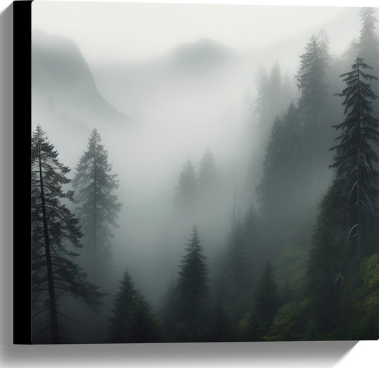 Canvas - Dichte Mist Hangend in Boomtoppen - 40x40 cm Foto op Canvas Schilderij (Wanddecoratie op Canvas)