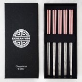 KoreanVibe Chopsticks Set - Eetstokjes - Vaatwasserbestendig - RVS - 5Paar - Zilver/Roze
