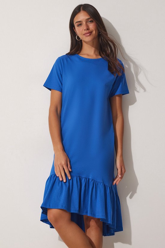 Happiness Istanbul – robe d'été en Viscose tricotée, manches Standard, col rond, ligne a, avec volants bleus, pour femmes, AP00186