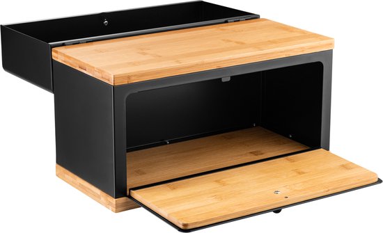 Boîte à pain noire avec planche à découper en bambou rabattable, acier et bambou.