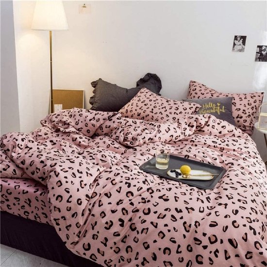 Beddengoed 200 x 200 cm, luipaardprint, dekbedovertrek roze katoen, 3-delig luipaardpatroon, dekbedovertrek, beddengoedset, tweepersoonsbed, tieners, tieners (BWF-200 x 200 cm)