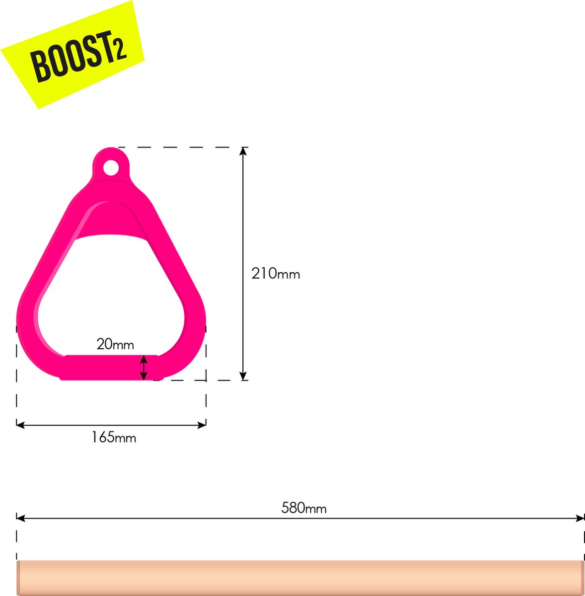 BOOST2 trapeze met Kunststof Ringen roze met zwart touw voor schommel — afbeelding 6