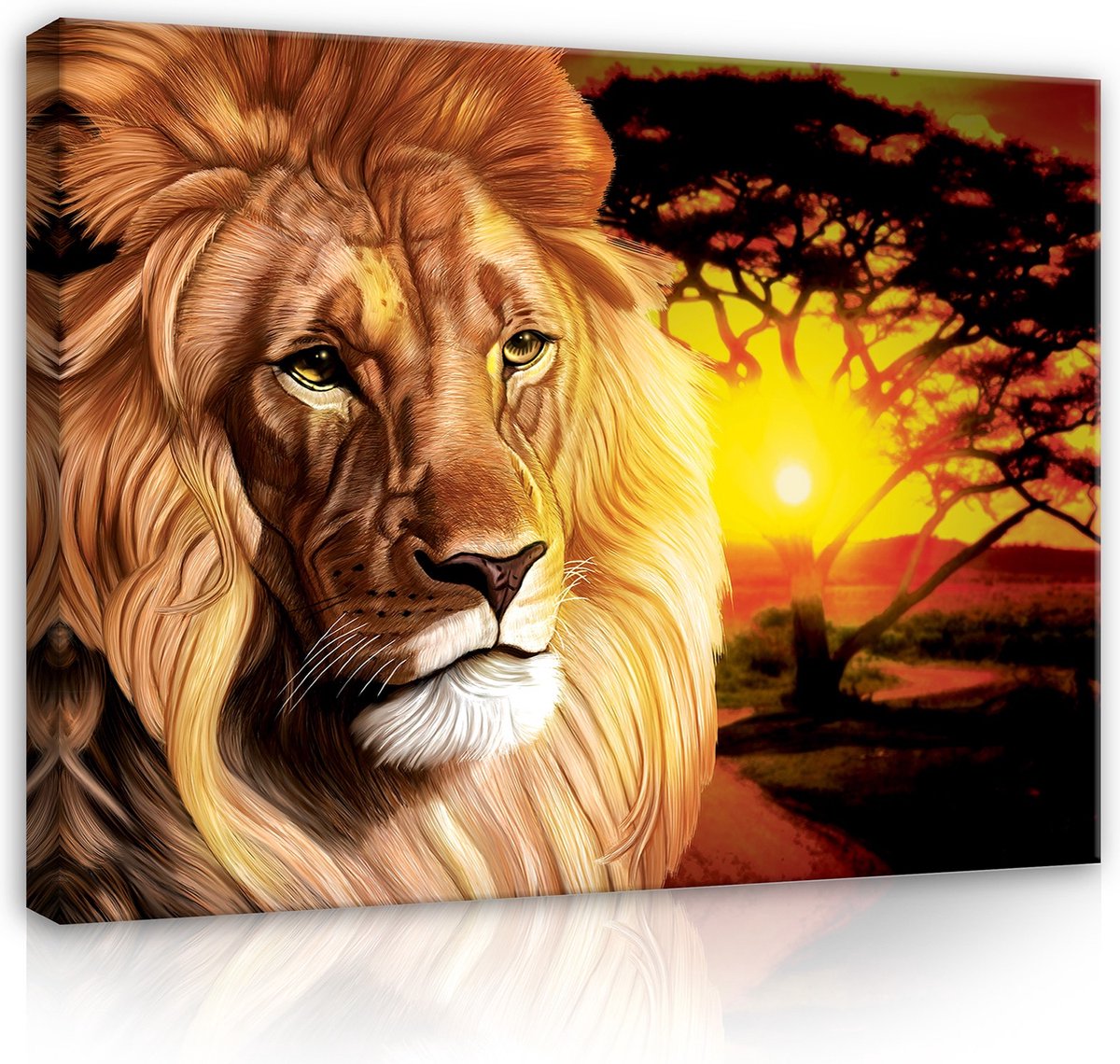Canvas Schilderij - Leeuw - Savanne - Natuur - Wild - Roofdier - Tijger - Zonsondergang - Dieren - Schilderij Woonkamer - Schilderijen op canvas - Inclusief Frame - 100x75cm (LxB) Leeuw - goud