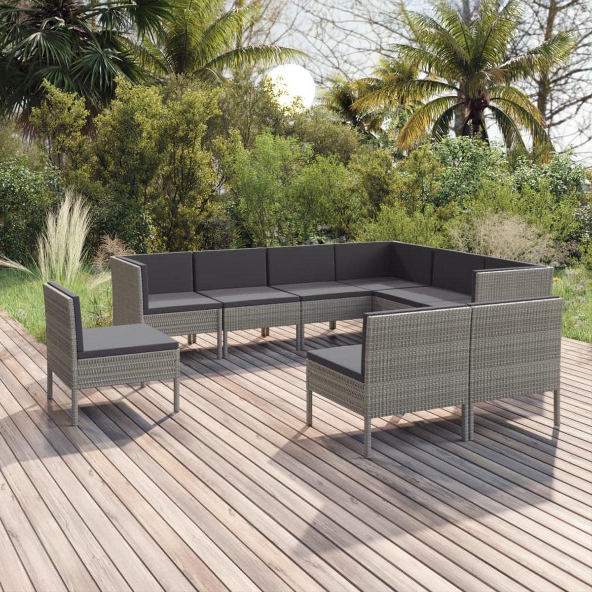 The Living Store 9-delige Loungeset met kussens poly rattan grijs - Loungeset - Tuinset - Loungebank - Buitendineren - Tuinmeubels