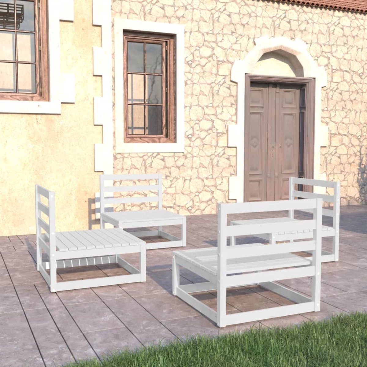 The Living Store 4-delige Loungeset massief grenenhout wit - Loungeset - Tuinstoel - Buitendecor - Lounge - Houten Meubel