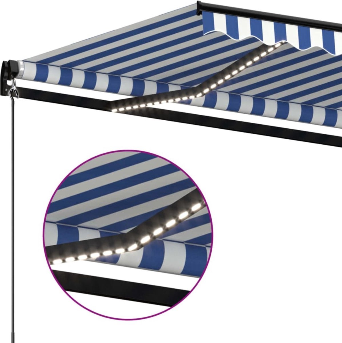 Retractable blue and white awning with LED lights, measuring 600x350 cm. Perfect for outdoor shade and style.