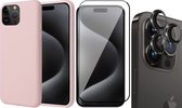 Hoesje geschikt voor iPhone 15 Pro - Screenprotector FullGuard & Camera Lens Screen Protector Zwart - Back Cover Case SoftTouch Roze
