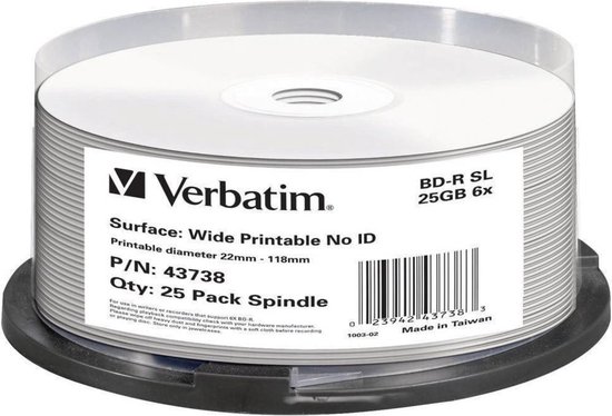 Verbatim 43738 Blu-ray BD-R disc 25 GB 25 stuk(s) Spindel Bedrukbaar