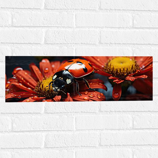 Muursticker - Bloemen - Druppels - Rood - Lieveheersbeestje - 60x20 cm Foto op Muursticker
