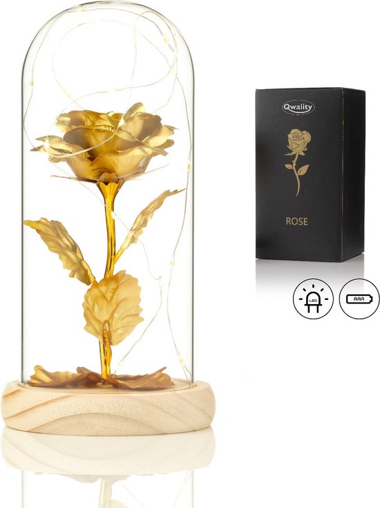 Luxe Roos in Glas met LED – Valentijn - Gouden Roos in Glazen Stolp – Moederdag - Bekend van Beauty and the Beast - Cadeau voor vriendin moeder haar - Goud met Blaadjes - Lichte Voet – Qwality