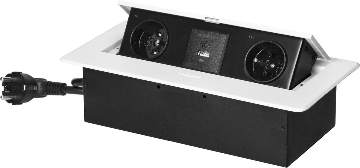 ORNO Bureau stekkerdoos - pop up stekkerblok met 2 stopcontacten, usb a & c - inbouw verdeelstekker met rvs afwerking - verdeeldoos met 1.5 meter kabel - voor max. 3680 watt - penaarde - wit