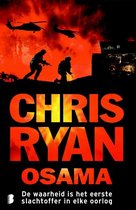 Boekomslag van 'Osama' van Chris Ryan. Twee soldaten rennen in de schemering, twee helikopters vliegen boven hen. De achtergrond is vurig rood.