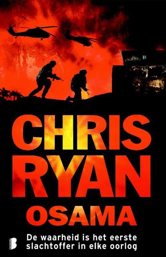 Boekomslag van 'Osama' van Chris Ryan. Twee soldaten rennen in de schemering, twee helikopters vliegen boven hen. De achtergrond is vurig rood.