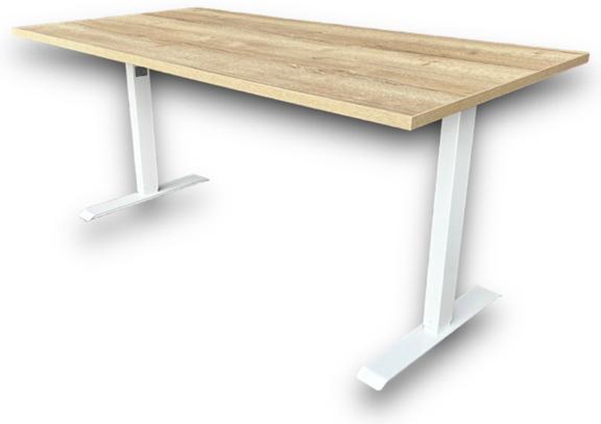 Elektrisch zit sta bureau premium – halifax natuur eiken blad – wit onderstel – met memory functie en USB oplaadmogelijkheid – 160 x 80 – NIEUW