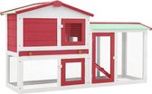 The Living Store Konijnenren - 145x45x85 cm - wit en rood - massief vurenhout - met verwijderbare schuiflade - UV- en weerbestendig asfaltdak