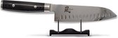 Couteau de chef japonais Yaxell Ran Santoku 16,5 cm - Lame en acier damassé 69 couches avec alvéoles - Manche en toile-micarta