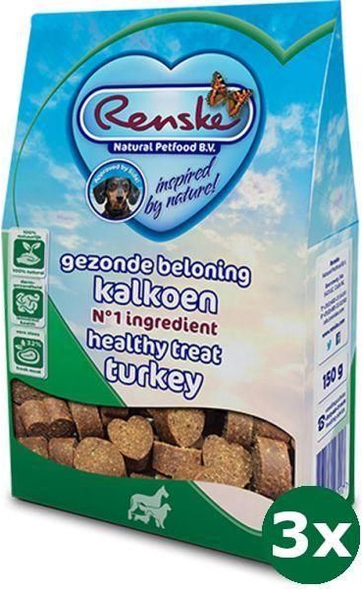 3x150 gr Renske gezonde beloning hartjes kalkoen hondensnack