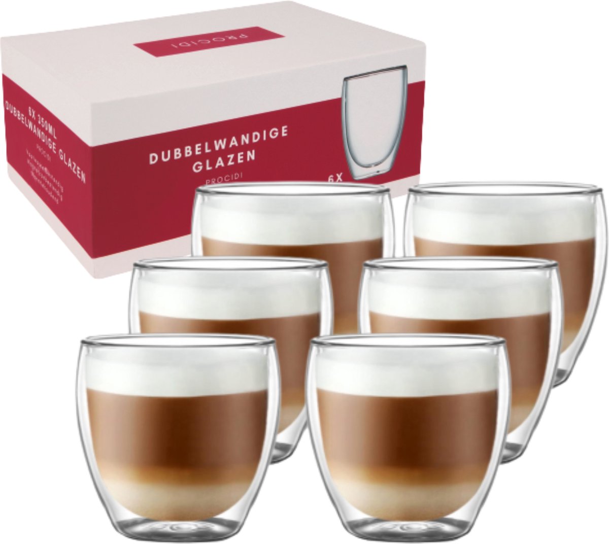 Procidi® Dubbelwandige Glazen - Theeglazen - 250 ml - 6 stuks - Latte Macchiato / Cappucino - Koffieglazen Dubbelwandig - Koffietassen - Vaatwasserbestendig