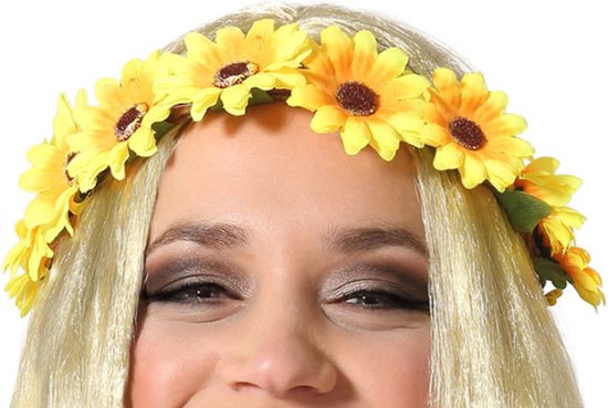 Atosa Verkleed haarband met bloemen - geel - meisjes/dames - Hippie/Flower Power - Atosa