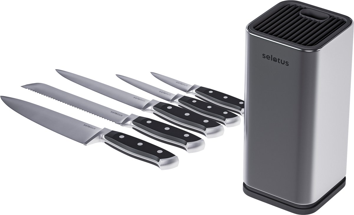 Selotus Messenset 6 Stuks Zilver Koksmessen set Keuken Messenblok Keukenset Extra scherp & duurzaam
