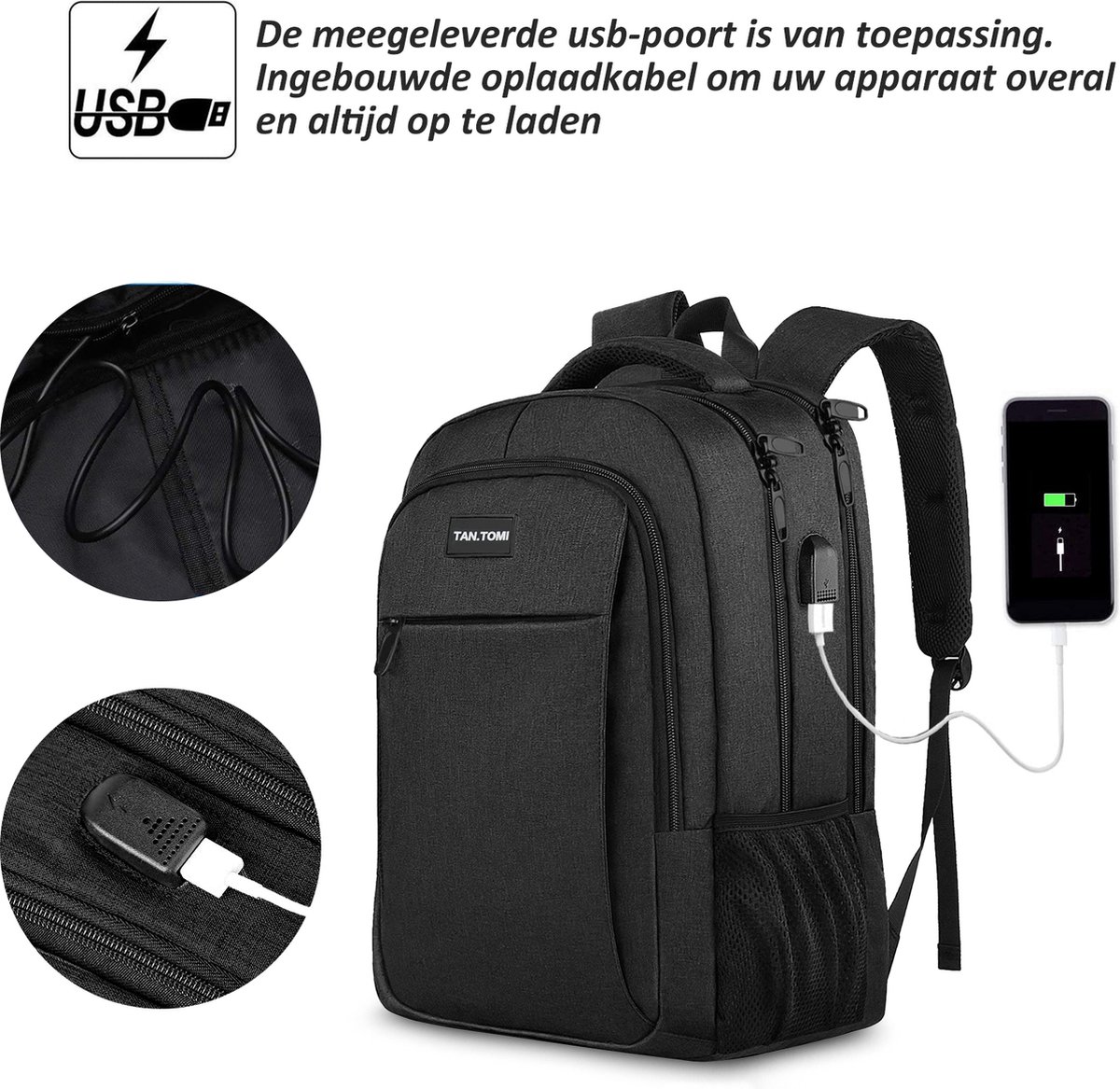 TAN.TOMI Laptop Rugzak 17.3 Inch – Grote Rugzak 36L voor School, Werk en Reizen – Spatwaterdichte Schooltas met USB-poort – Laptop Backpack voor Dames en Heren – Zwart – foto 5