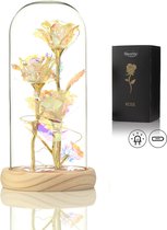 Luxe Roos in Glas met LED – Gouden Roos in Glazen Stolp – Moederdag - Cadeau voor vriendin moeder haar - Galaxy Rose 3x met Blaadjes - Lichte Voet – Qwality