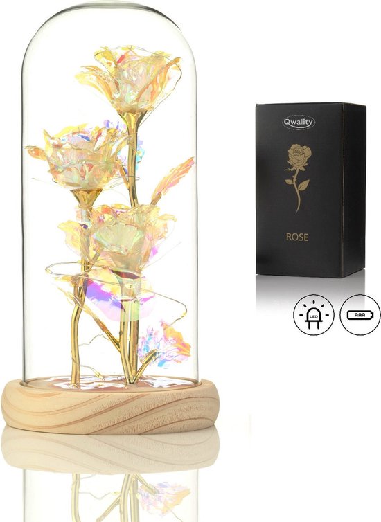 Rose de Luxe en Glas avec LED - Rose dorée sous cloche en Verres - Fête des mères - Connue de La Beauty et la Bête - Cadeau pour la mère d'un ami - Galaxy Rose 3x avec feuilles - Base lumineuse - Qwality