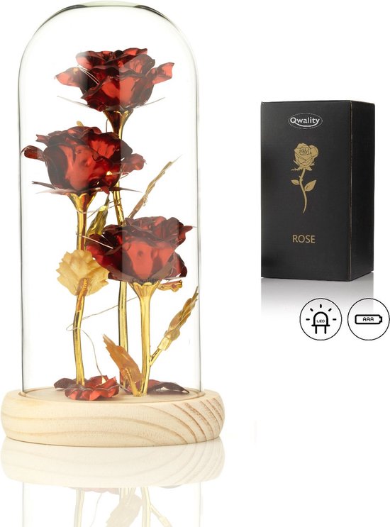 Luxe Roos in Glas met LED – Gouden Roos in Glazen Stolp – Moederdag - Bekend van Beauty and the Beast - Cadeau voor vriendin moeder haar - Rood 3x met Blaadjes - Lichte Voet – Qwality