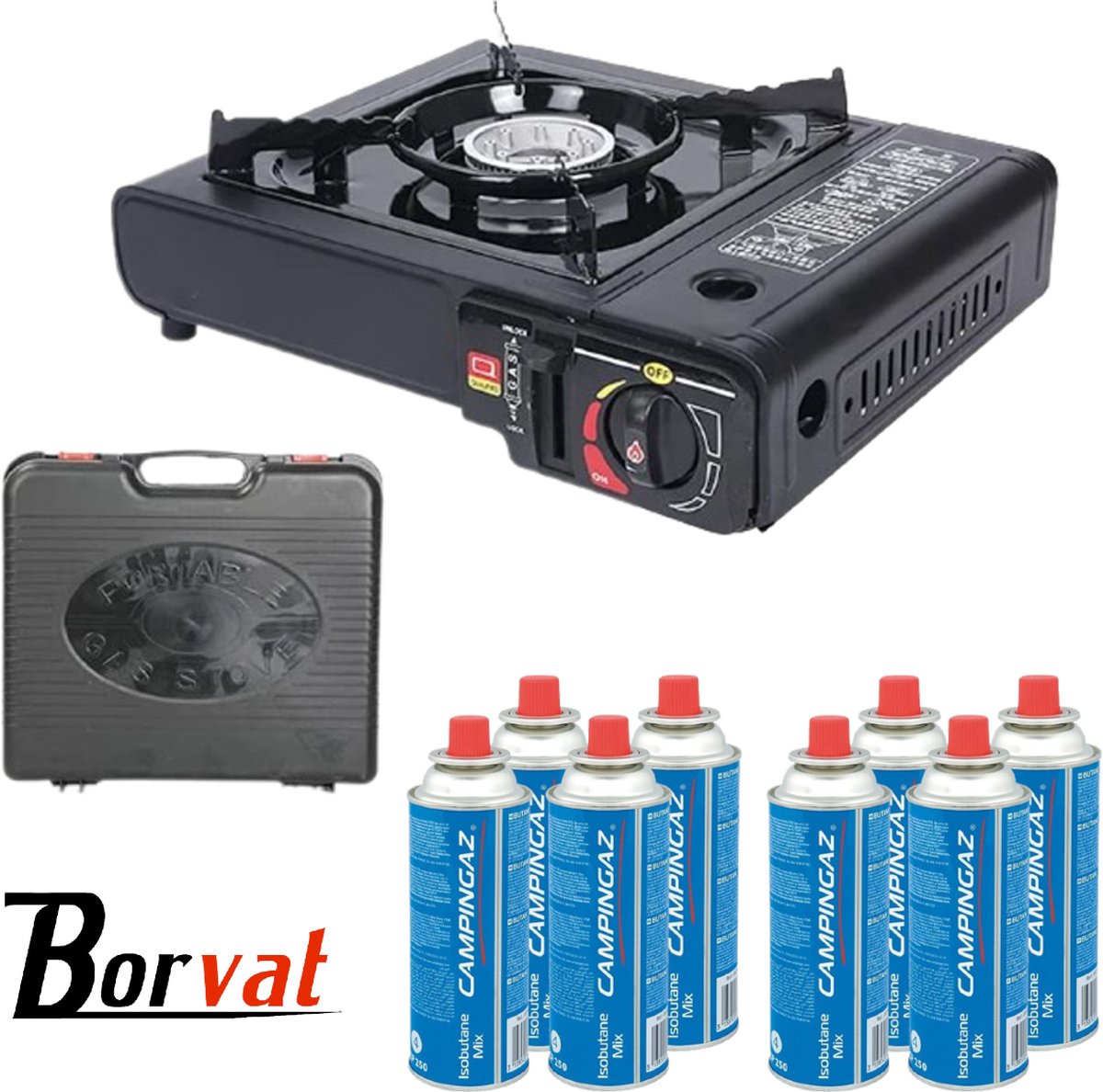 Borvat® | Draagbare Gasfornuis | Camping Kookstel | Inclusief 8 Gasflessen | Gas Stove | Gasfornuis | Kooktoestel | Outdoor
