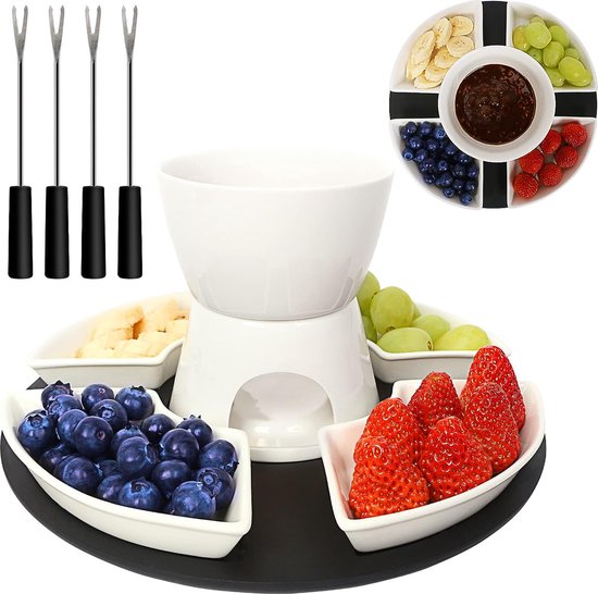 Fondueset 11-delig chocoladefondue porselein met 4 fondue-vorken Ø 10 cm, wit