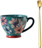 Handgeschilderde mok 350ml - Flower Art cup koffiekopje hoge kwaliteit porseleinen mok met oude ontwerp gouden lepel (stijl 20)