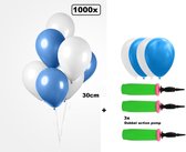 1000x Luxe Ballon blauw/wit 30cm + 3x dubbel actie pomp - biologisch afbreekbaar - Oktoberfest Festival feest party verjaardag landen helium lucht thema