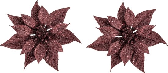 2x stuks decoratie bloemen kerststerren donkerrood glitter op clip 18 cm - Decoratiebloemen/kerstboomversiering