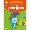 Boek 'Eerste stappen naar schrijven' voor 5-6 jaar met een eendje met paraplu, pauw en bij.