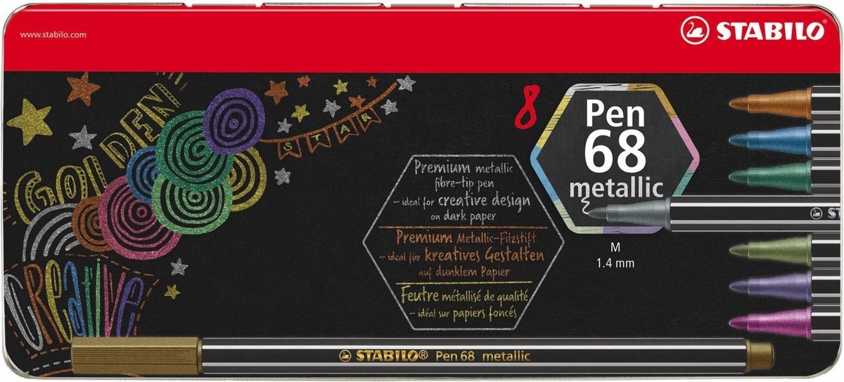 STABILO Pen 68 Metallic - Premium Metallic Viltstift - Metalen Etui Met 8 Kleuren