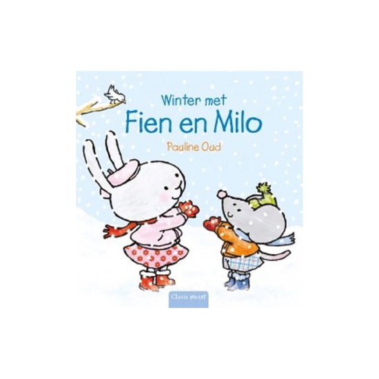 Boek "Winter met Fien en Milo" met een konijn en een muis in winterse kleding, vallende sneeuw.