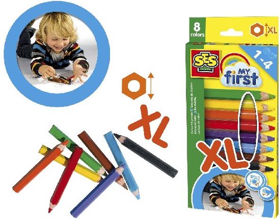 SES - My First - Kleurpotloden XL - korte en dikke potloden - 8 verschillende kleuren - ergonomische grip - SES