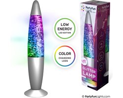 foto van PartyFunLights - GlitterLamp - Zilver - Multi-Color LED - USB - Nachtlampje Kinderen - 34 cm hoog
