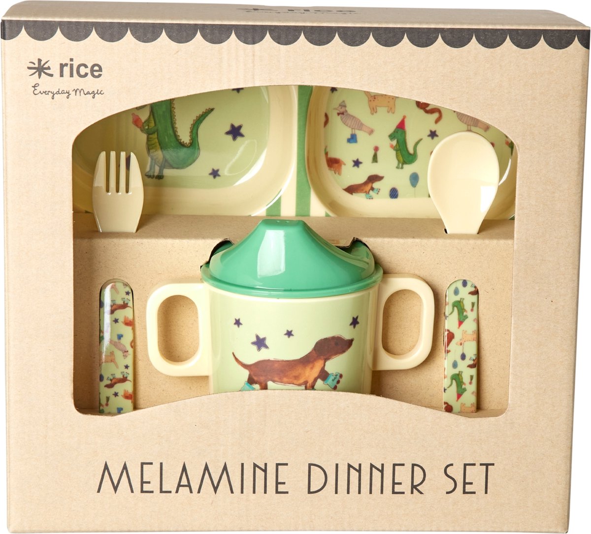 Rice by Rice - Melamine baby dinerset groen - party thema - dinosaurus - groen peuterservies