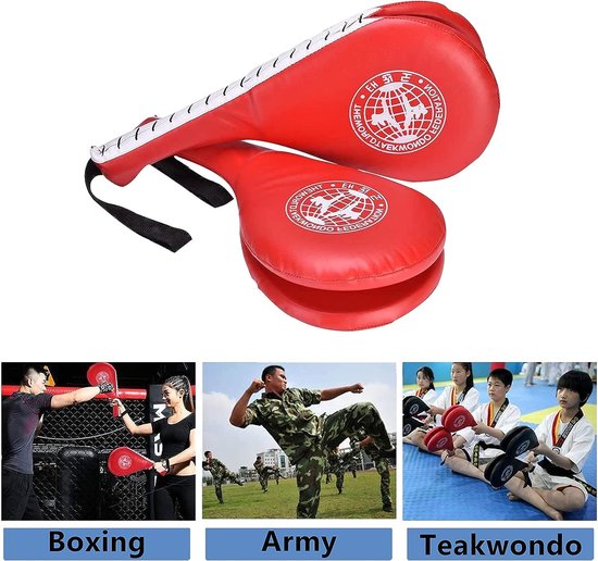 Taekwondo Trapkussen Set - 2 Stuks - Rood - Duurzaam - Dubbelzijdig - Met Polsriem - 39 X 19,5 Cm - Voor Karate, Kickboksen En Vechtsporttraining