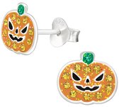Joy|S - Zilveren pompoen oorbellen - 9 x 8 mm - halloween - oranje met glittertjes en kristalletjes - kinderoorbellen