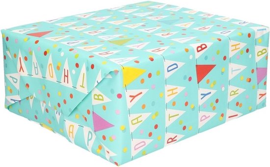 Foto: Blauw inpakpapier cadeaupapier happy birthday 200 x 70 cm kadopapier geschenkpapier