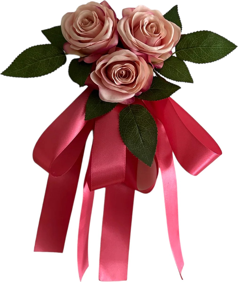 autodeco.nl MIA WATERMELOEN KLEUR Buitenspiegels Decoratie 2 stuks - Trouwauto Versiering Watermeloen Kleur Rozen met Linten - Bloemen op de Auto Bruiloft - Huwelijk - Bruiloft Decoratie - Versiering Spiegel Auto - Autoversiering voor Volgauto's