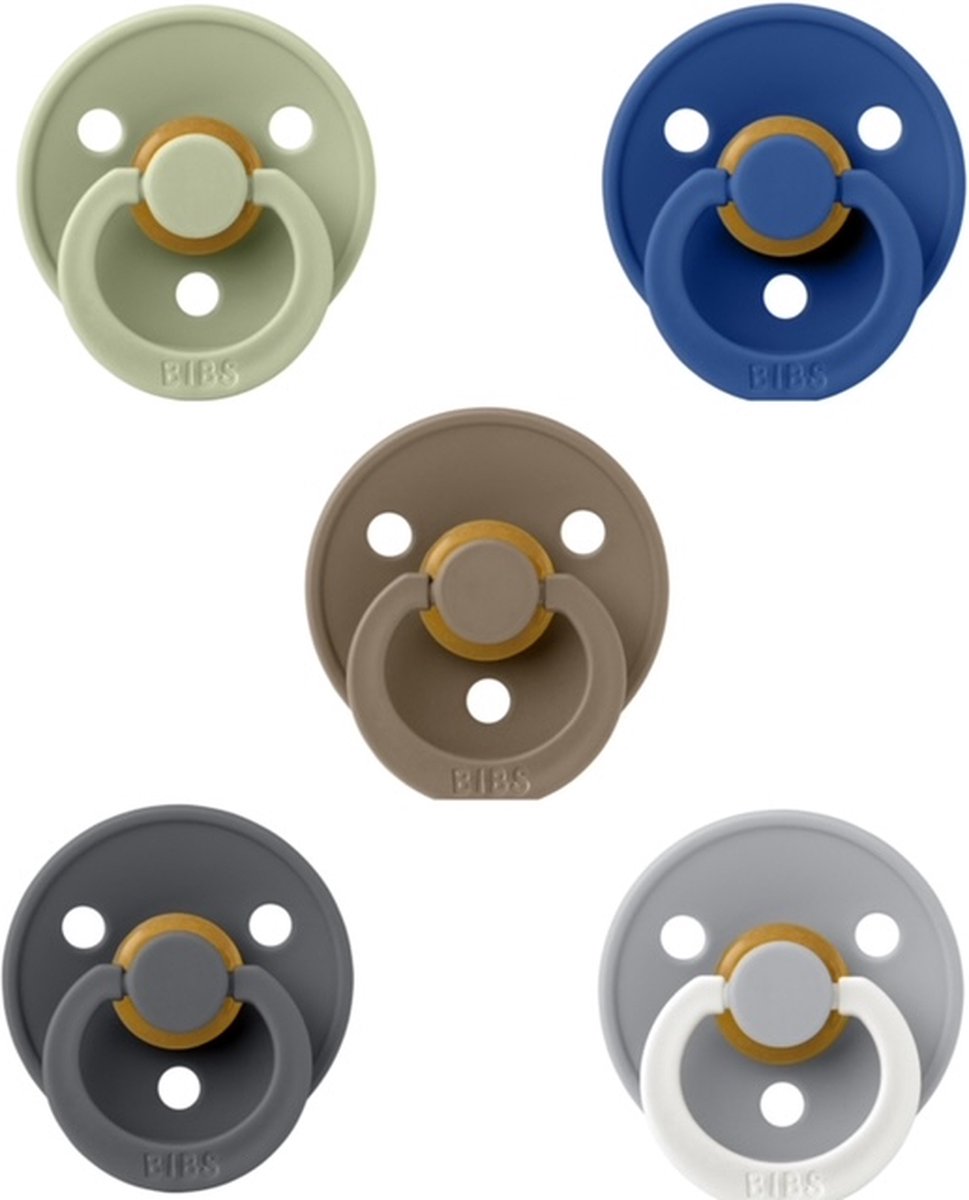 Goedkoopste Bibs fopspenen 6-18 maand set 5 stuks Pistachio,Cornflower,Dark Oak,Iron en Night Glow Cloud maat 2