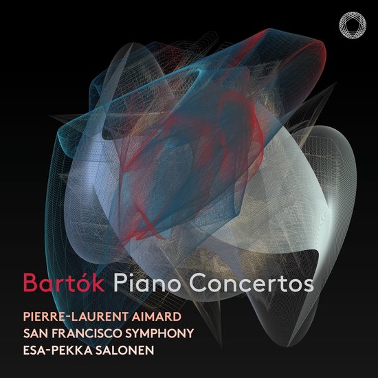 CD hoes met abstracte grafische weergave in rood, blauw en wit. Tekst: Bartók Piano Concertos, Pierre-Laurent Aimard, San Francisco Symphony, Esa-Pekka Salonen.