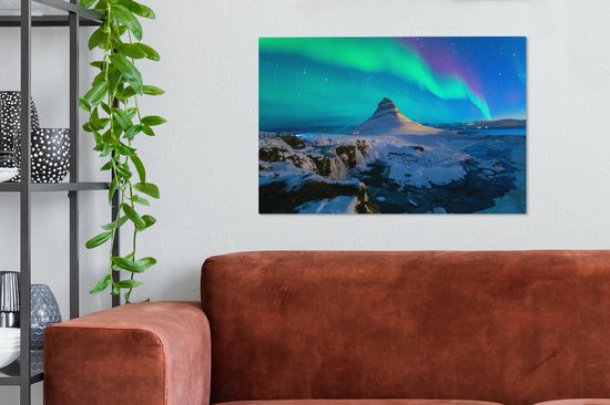 Aurores boréales au-dessus de la montagne Kirkjufell en Islande toile 2cm 90x60 cm - Tirage photo sur toile (Décoration murale salon / chambre) / Phénomènes naturels Peintures sur toile