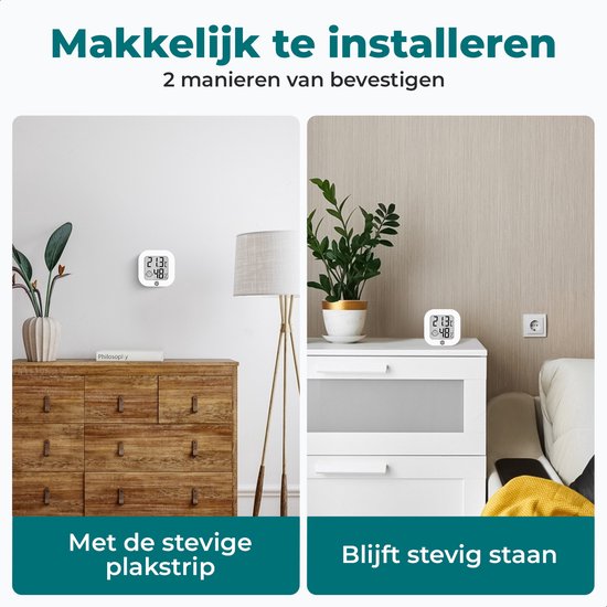Digitale thermometer en hygrometer eenvoudig te installeren met plakstrip of staand.